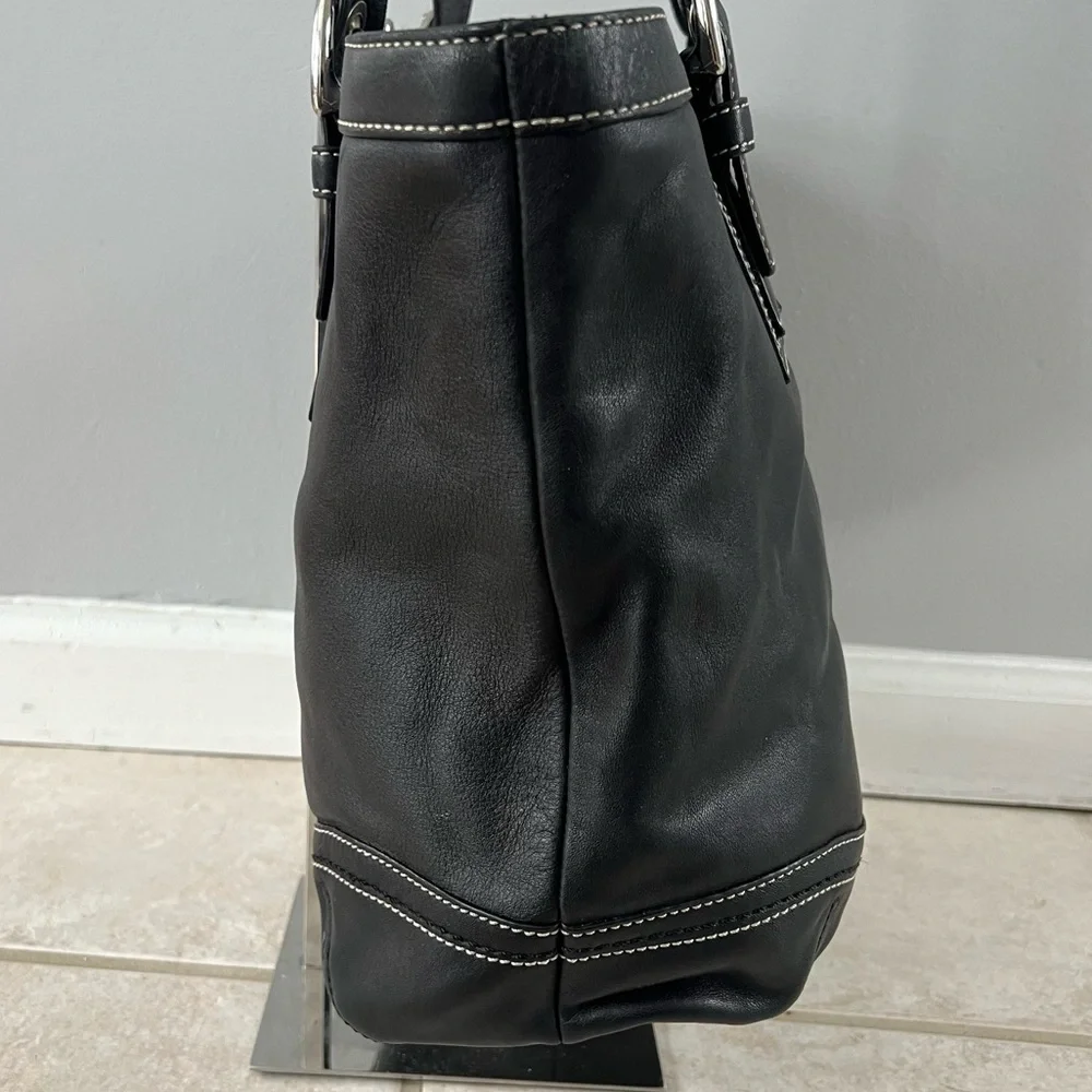 Coach Black Leather Tote with White Stitching